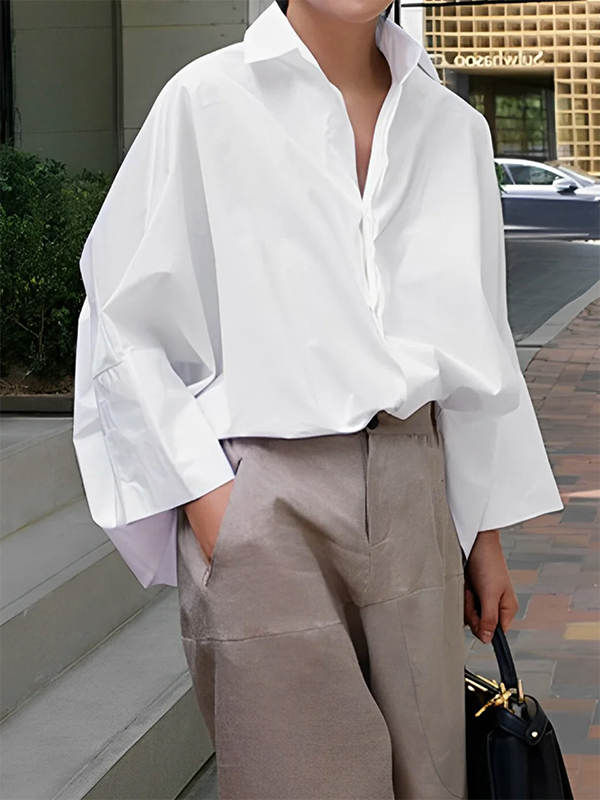 Solid Color Lapel Collar Blouses & Shirts - Long Sleeve Loose Fit Tops