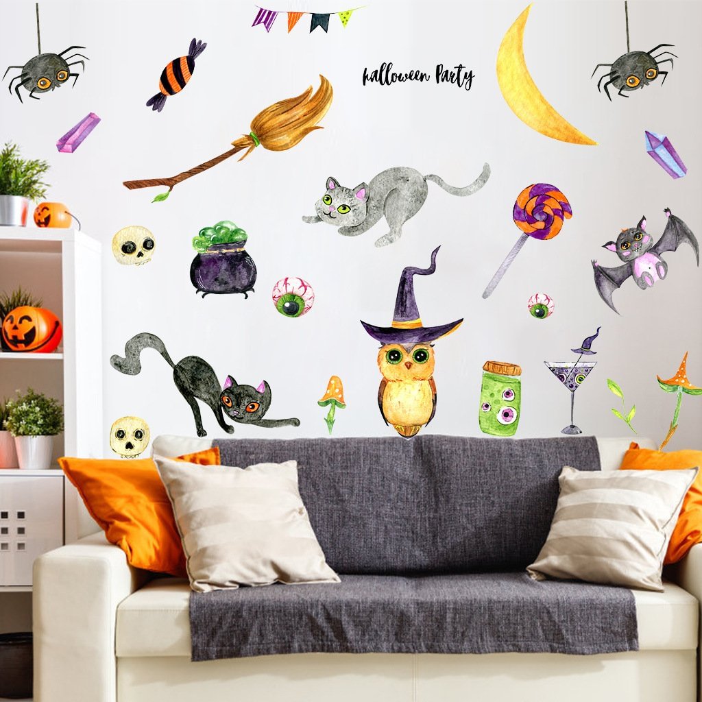 One Set (2 Photos) Halloween Funny Cat Owl Wall Sticker 20×30cm