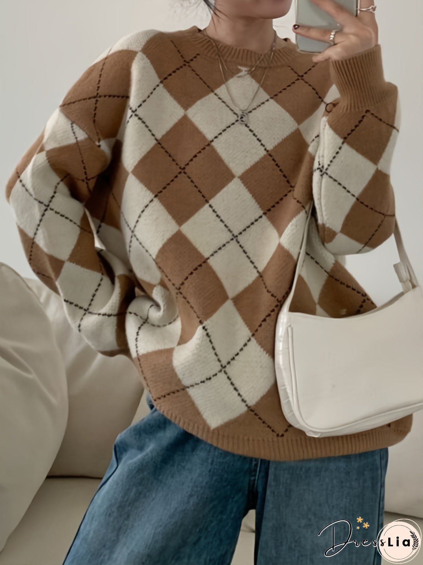 Plaid Pattern Crew Neck Pullover Sweater, Casual Long Sleeve Sweater For Fall & Winter, Women's Clothing