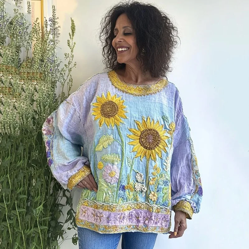 Vintage Sunflower Embroidery Cerw Neck Shirt