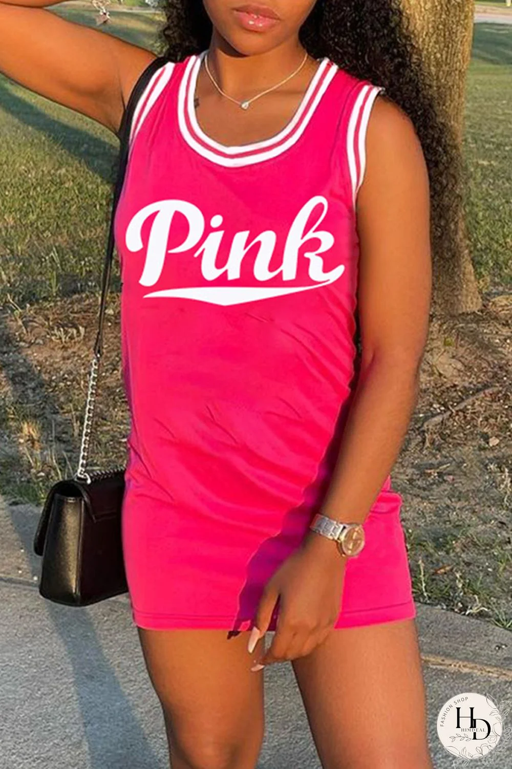 Blue Fashion Letter Print Basic O Neck Vest Dress