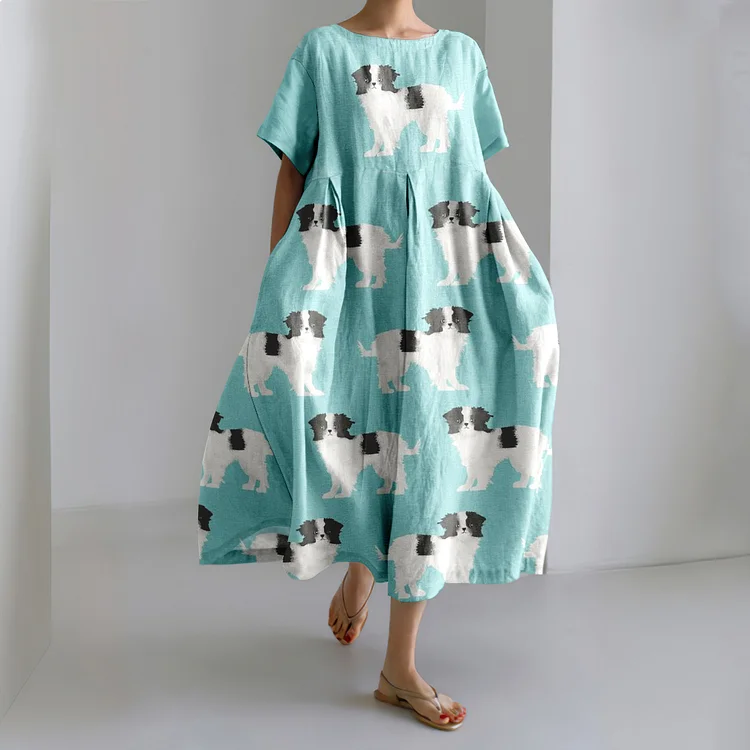Cozy Puppy Print Loose Midi Dress
