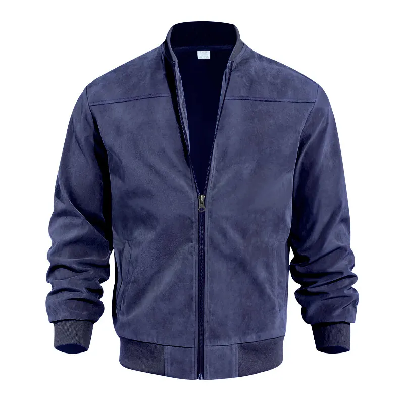 2026 Men’s Spring/Autumn Jacket Business Casual Suede Fleece Zip-Up Cardigan with Patchwork Stand Collar