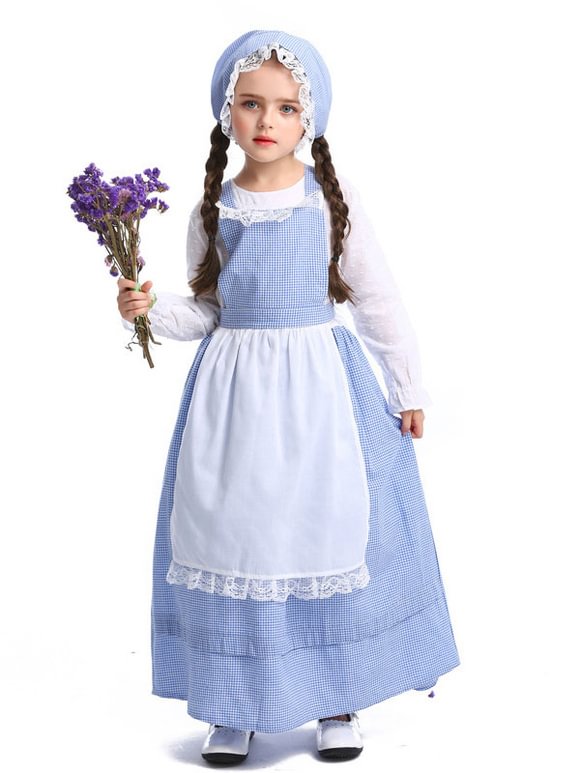 Kids Carnival Costume Baby Blue Maid Dress Apron Cosplay Outfit Novameme