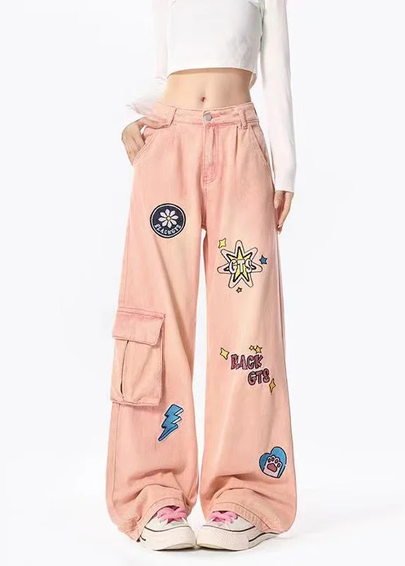 Italian Pink Embroideried Pockets Denim Wide Leg Pants Spring
