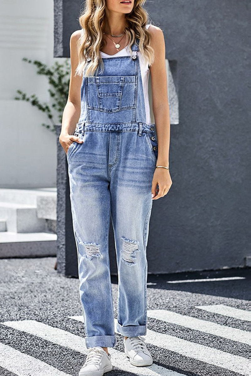 Denim Hole Distressed Casual Overall