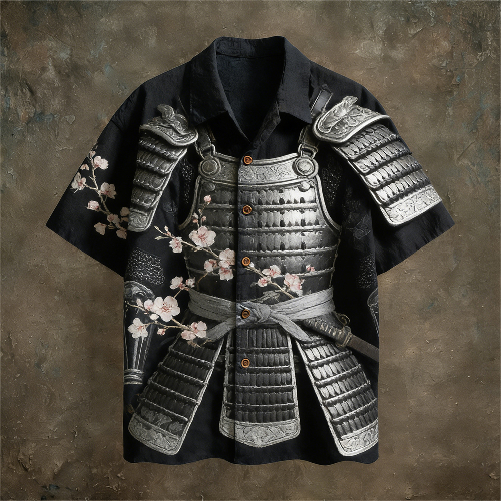 Japanese Samurai Armor Pattern Vintage Men's Linen Short Sleeve Shirt  artssus