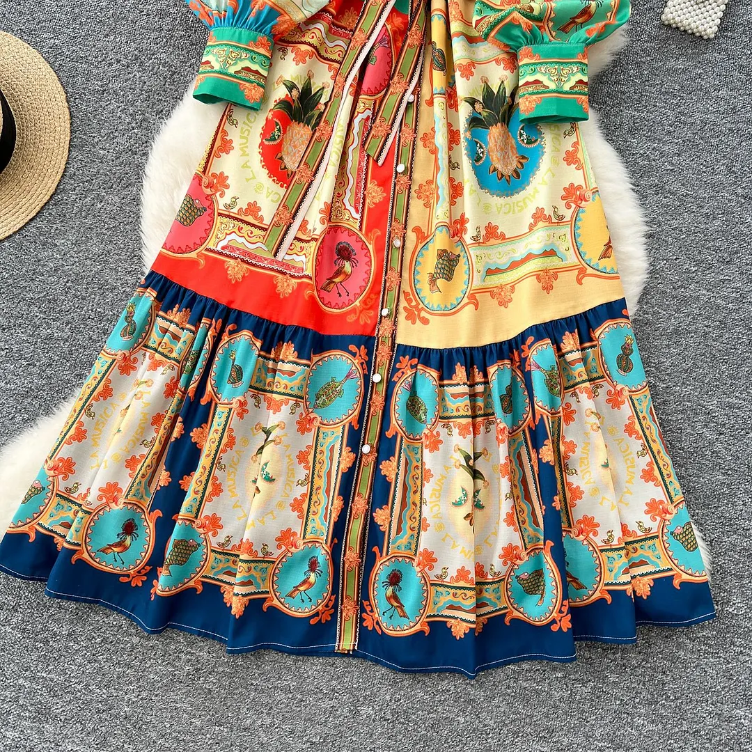 Churchf Churchf Printed Dress Woman 2025 Spring Strap To Cover Collar Long Sleeve Single Row Buckle Folding Skirt