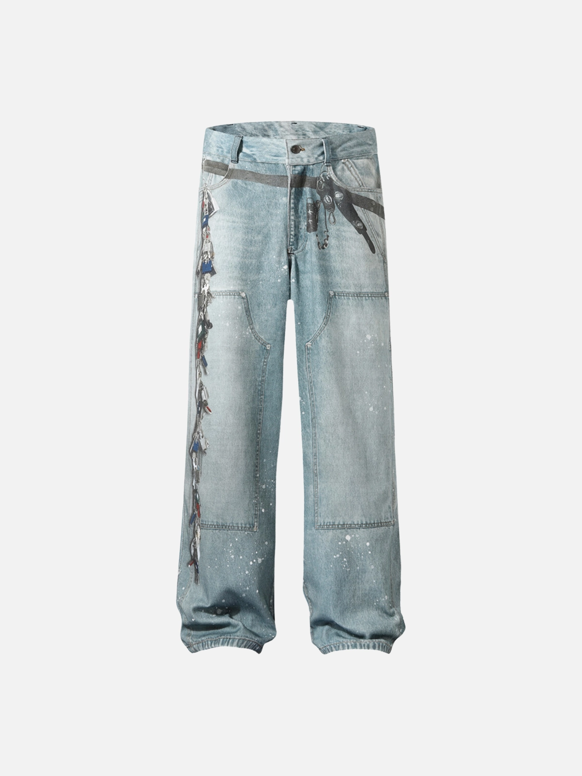 Blue Act Chic 3D Key Print Washed Baggy Jeans Front