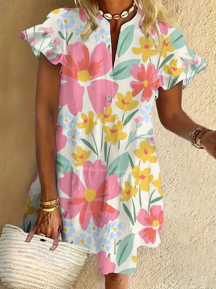 Floral Print Ruffled Short-sleeved V-neck Buttoned Dress Vacation Beach Dress