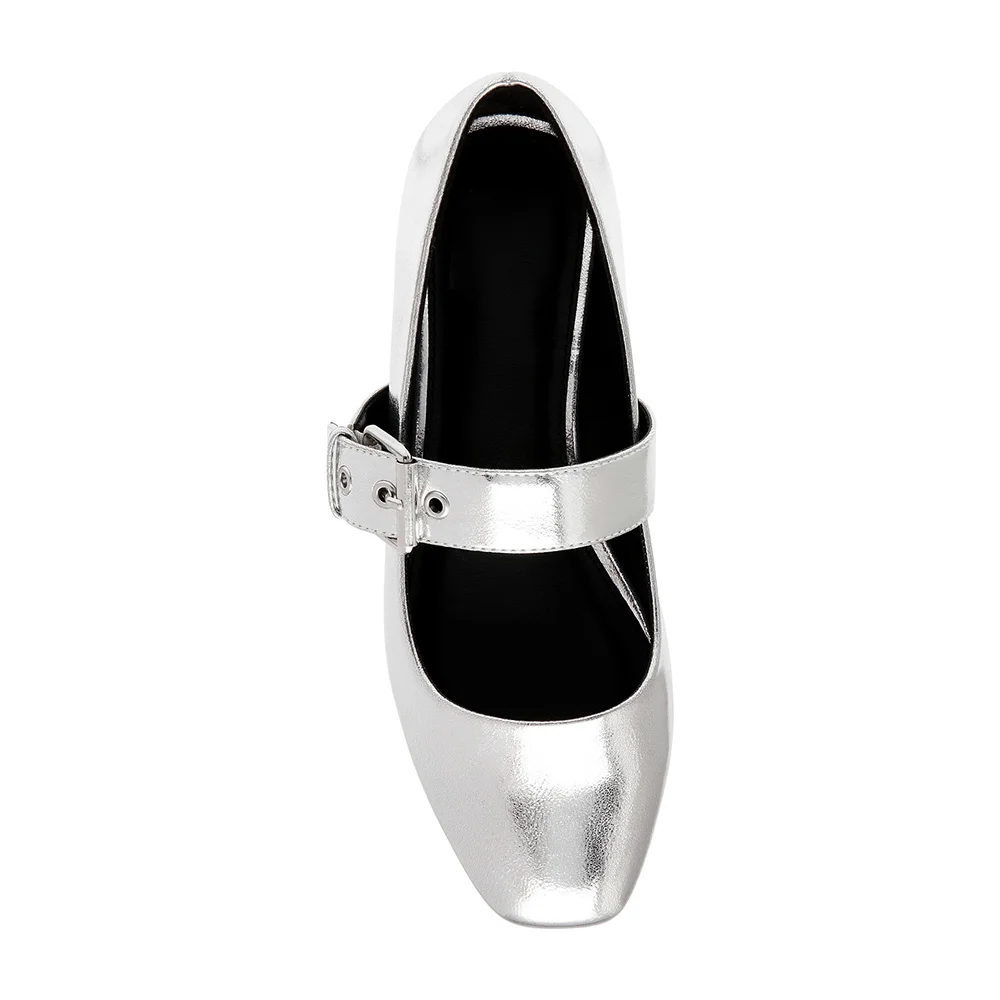 Metallic Silver Square Toe Mary Jane Ballet Flats with Buckle