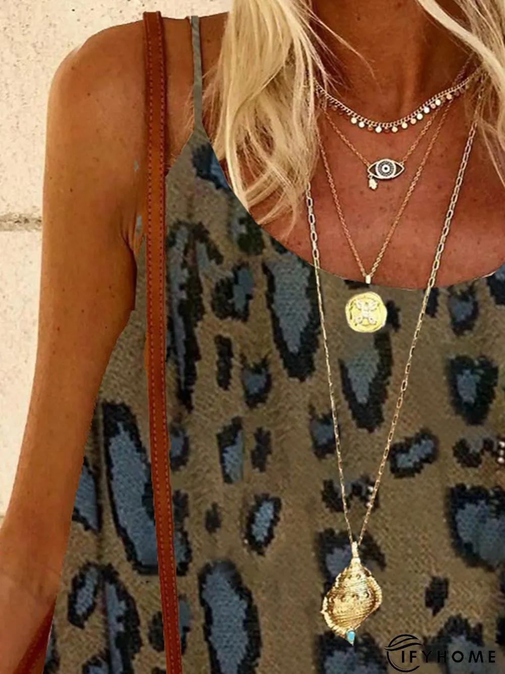New Women Chic Plus Size Vintage Holiday Boho Leopard Spaghetti-Strap V Neck Vintage Knitting Dress | IFYHOME