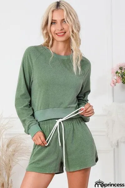 Round Neck Long Sleeve Top and Drawstring Shorts Lounge Set