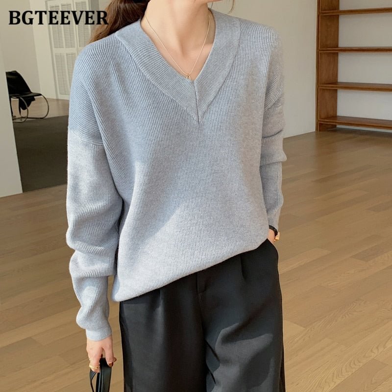 BGTEEVER Elegant V-neck  Knitted Women Sweaters Full Sleeve Loose Female Pullovers Jumpers Autumn Winter Thick Ladies Knitwear