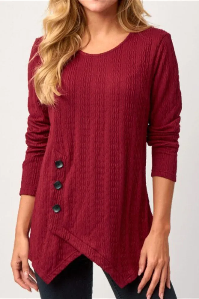 Asymmetric Hem Buttoned Long Sleeve Crew Neck Top