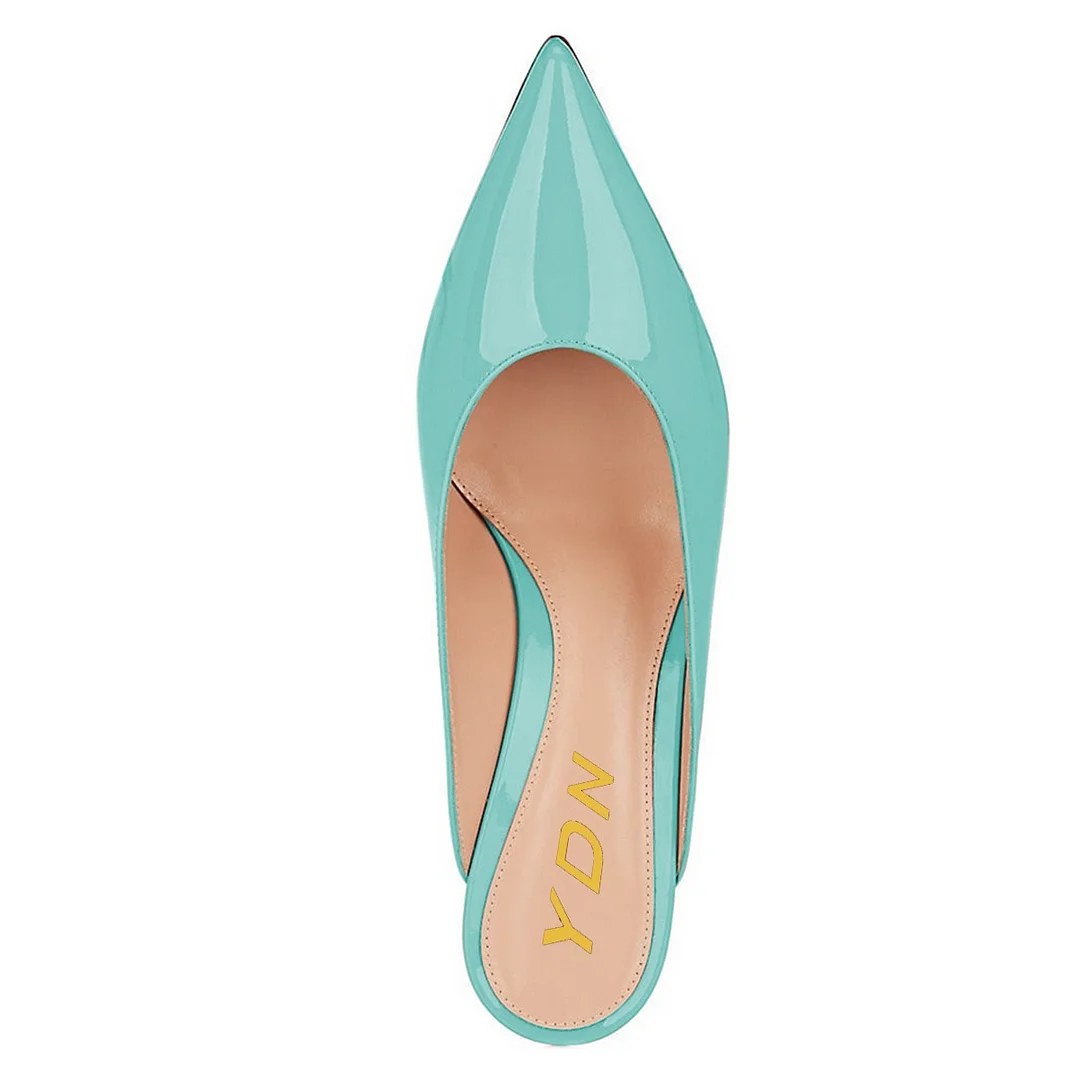 Turquoise Pointed Toe Slip-On Kitten Heel Mules for Women