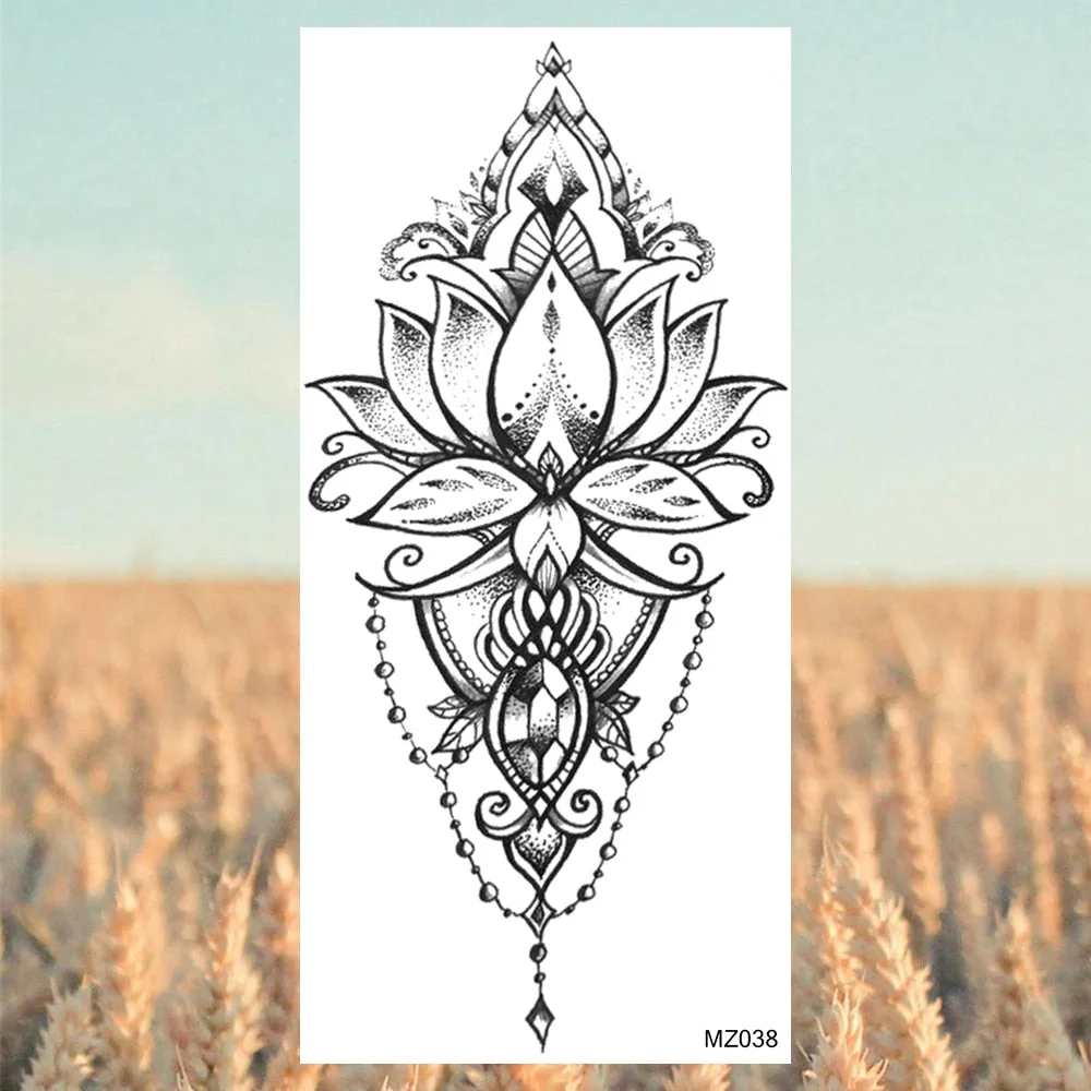Black Lotus Pendant Temporary Tattoos For Women Adult Rose Flower Jewelry Fake Tattoo Fashion Calf Waterproof Half Sleeve Tatoos