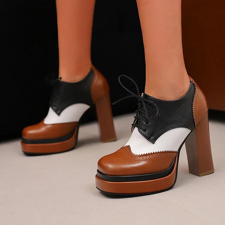 Color Block Lace Up Square Toe Platform Chunky Heels