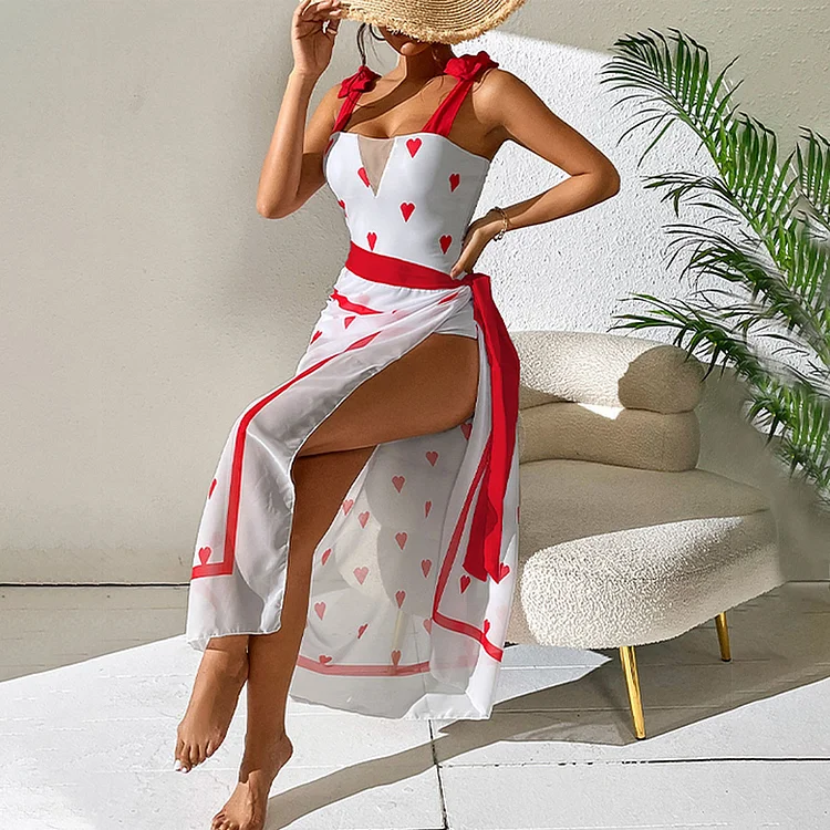 Heart Print Tie-shoulder One Piece Swimsuit and Sarong Flaxmaker 