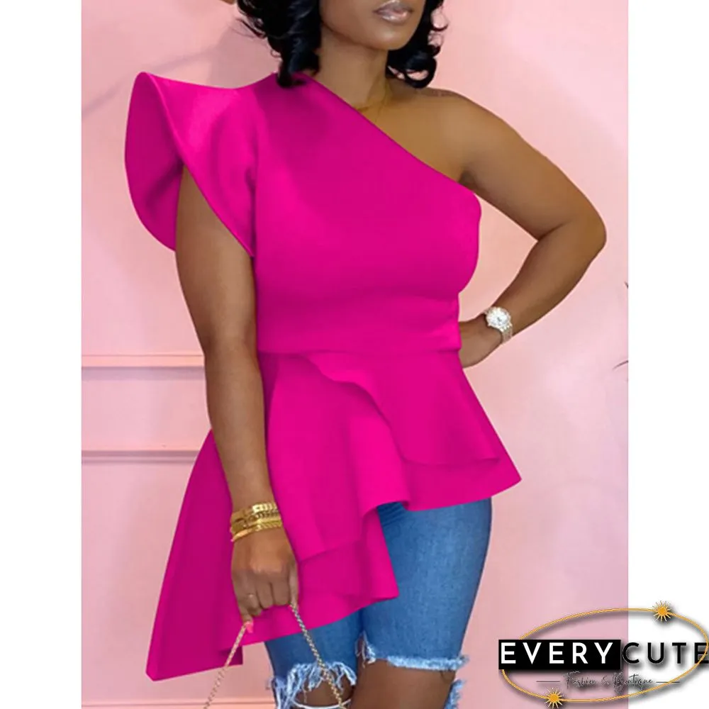 Rosy One-shoulder Asymmetrical Ruffled Tops
