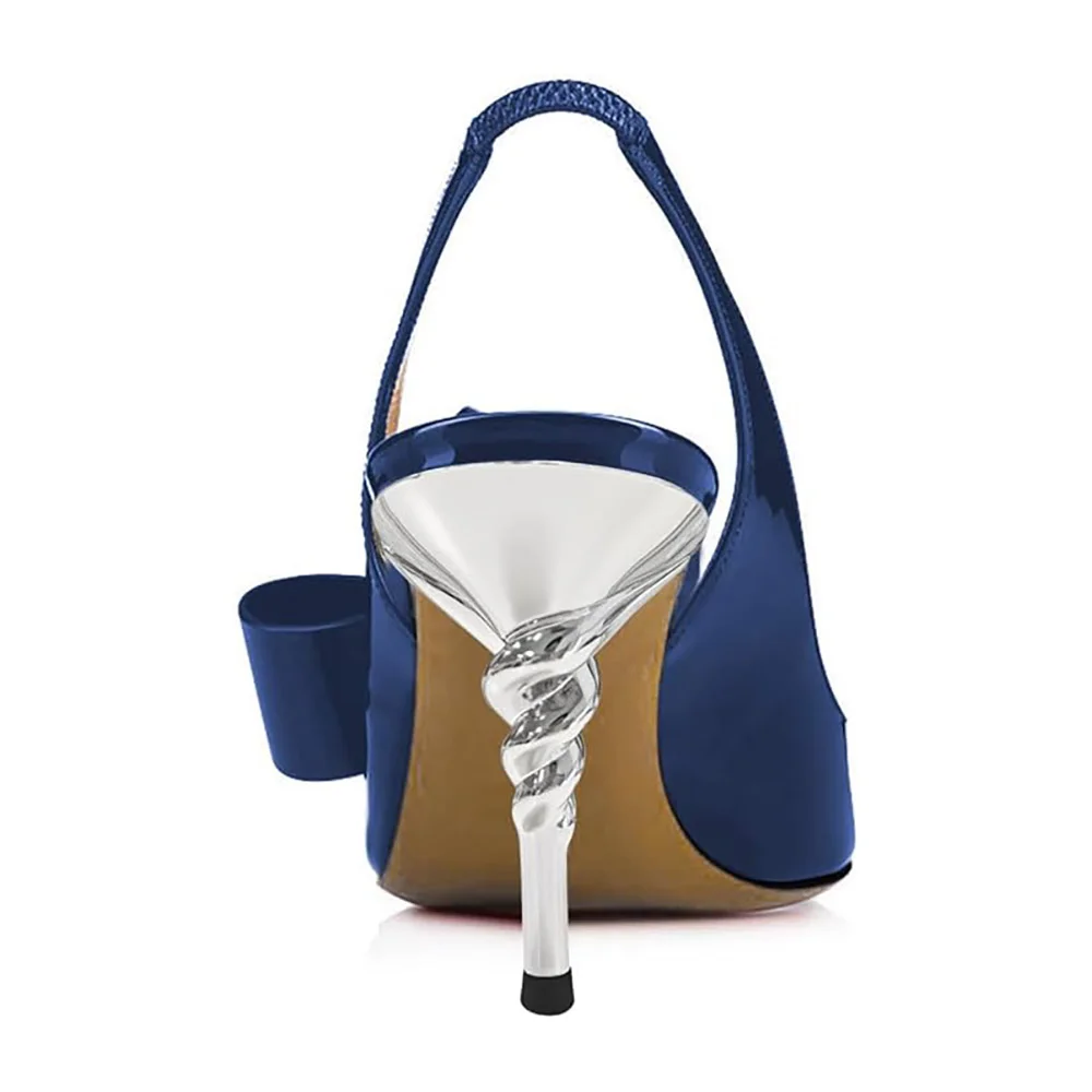 Navy Patent Leather Decorative Heel Bow Slingback Pumps Shoes