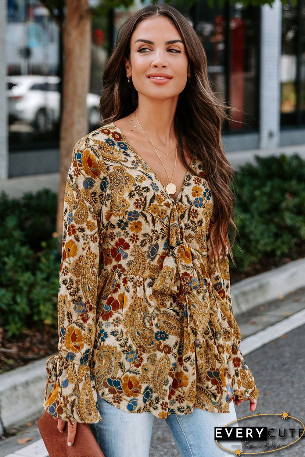 Multicolor Floral Printed Front Tie V Neck Blouse