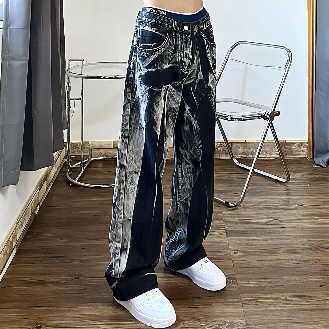 Back to school Baggy Black Jeans Women Tie Dye Washed Straight Wide Leg Pants High Waist Goth Vintage Streetwear Denim Casual Hippie Trousers