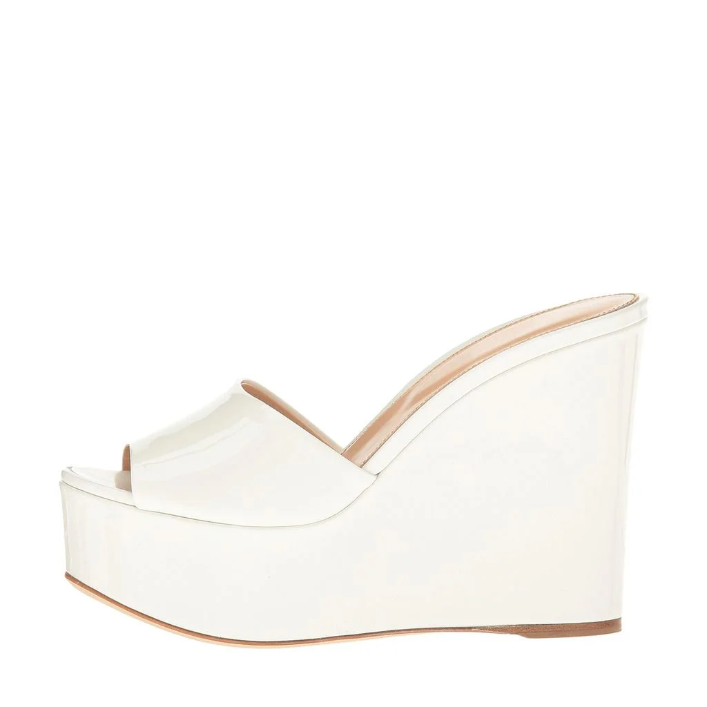 White Patent Leather Round Toe Wide Band Bold Platform Mules