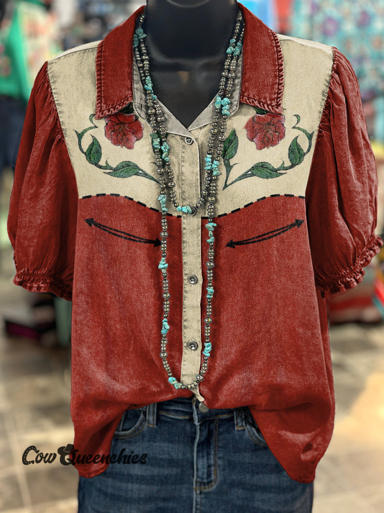 Women’s Vintage Floral Print Casual Cotton Shirt Multicolor / S