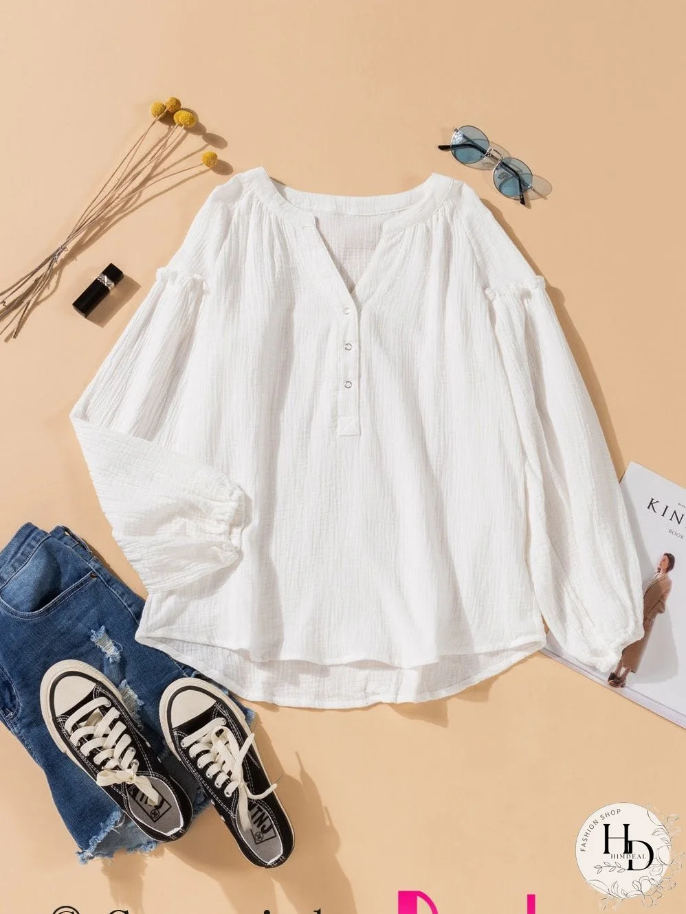 White Crinkled Casual Top with Balloon Sleeves