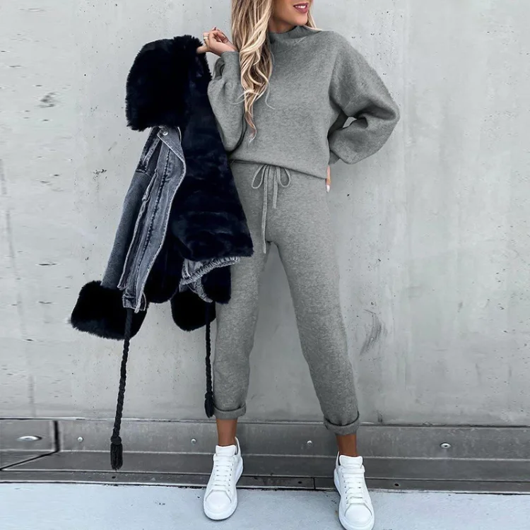 Women's High Collar Casual Solid Color Trousers Two Piece Suit