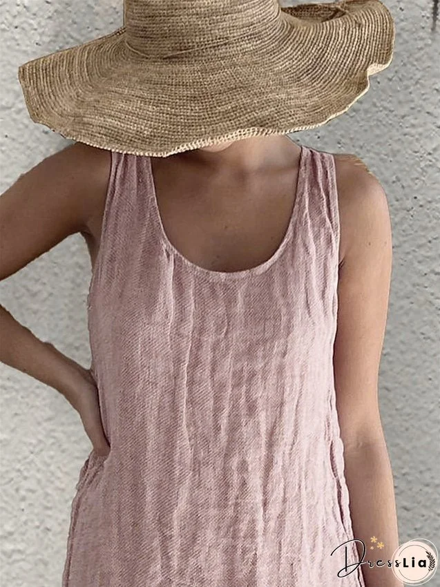 Casual Dress Cotton Linen Dress Tank Dress Midi Dress Linen / Cotton Blend Basic Casual Outdoor Daily Vacation U Neck Basic Sleeveless Summer Spring Regular Fit Black White Pink Plain S for Women