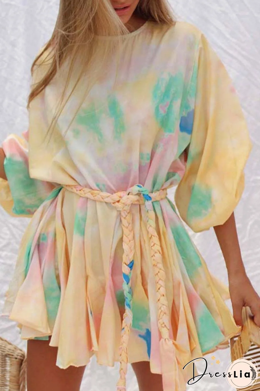 Tie Dye Print Lantern Sleeve Weave Dress(With Belt)