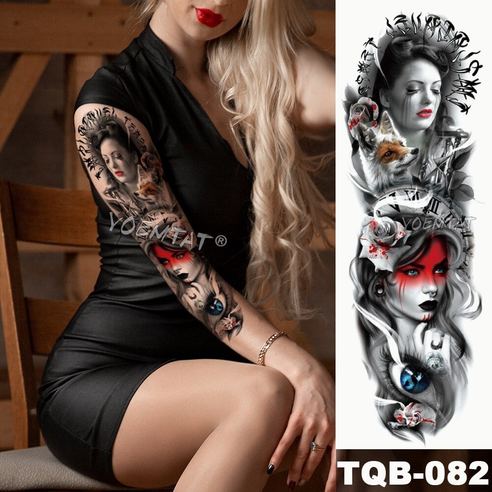 Gingf Arm Sleeve Tattoo Fox Eyes Rose Butterfly Waterproof Temporary Fake Tatoo Sticker Skull Angel Wings Men Women Full Tatto