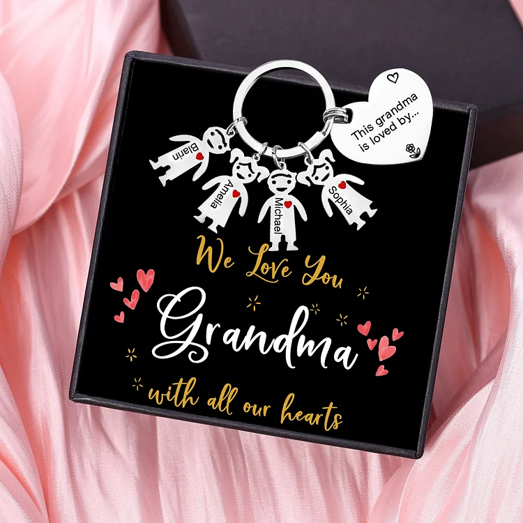 Personalized Keychain with Kid Charm Engraved 4 Names Family Keychain for Grandma