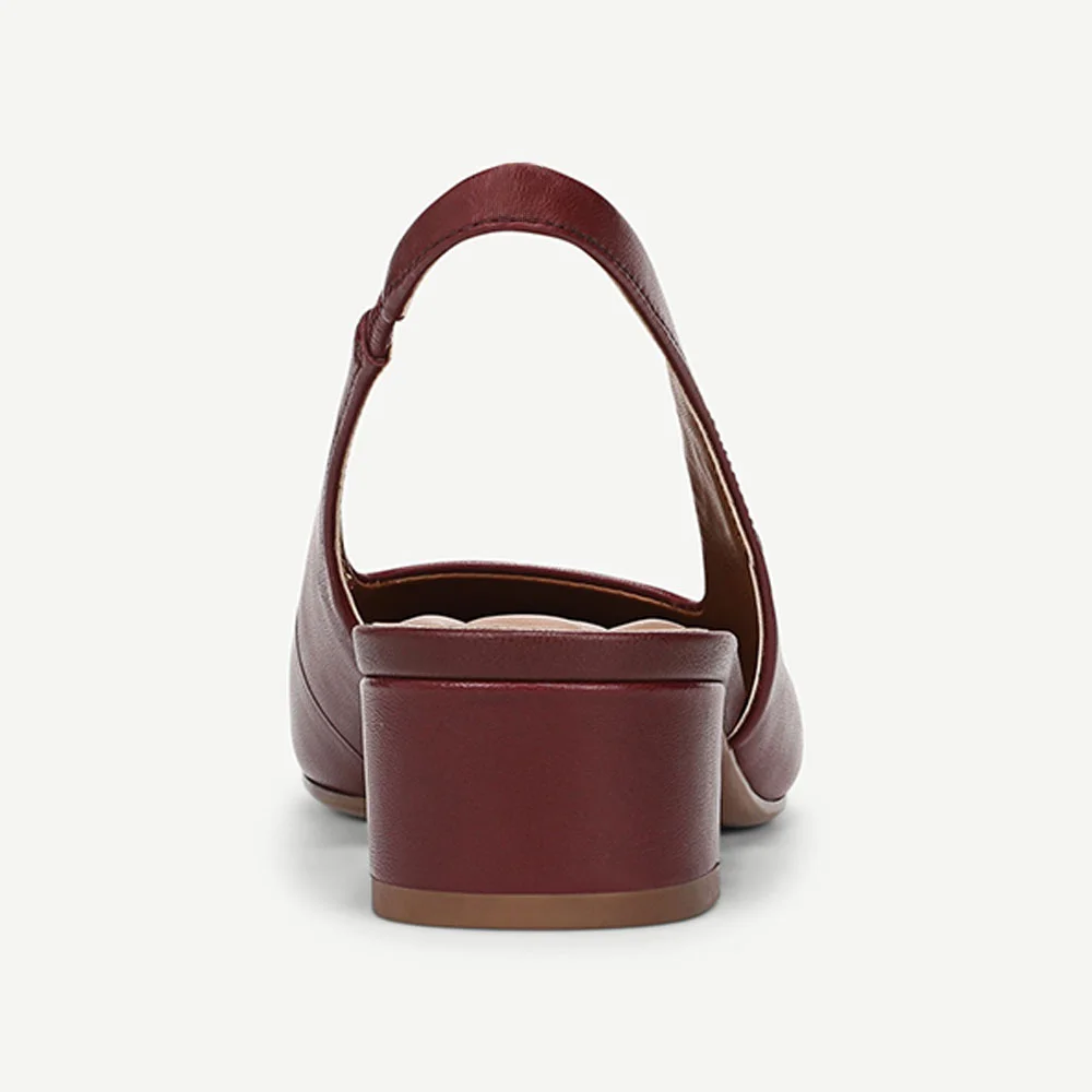 Faux Leather Chunky Heel Slingback Stretch Pumps Shoes in Maroon