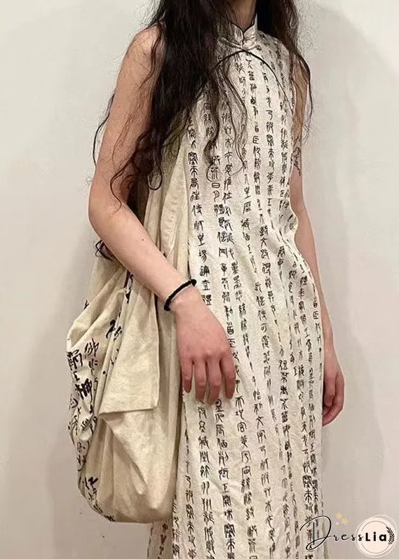 Retro Beige Stand Collar Print Side Open Cotton Dress Sleeveless