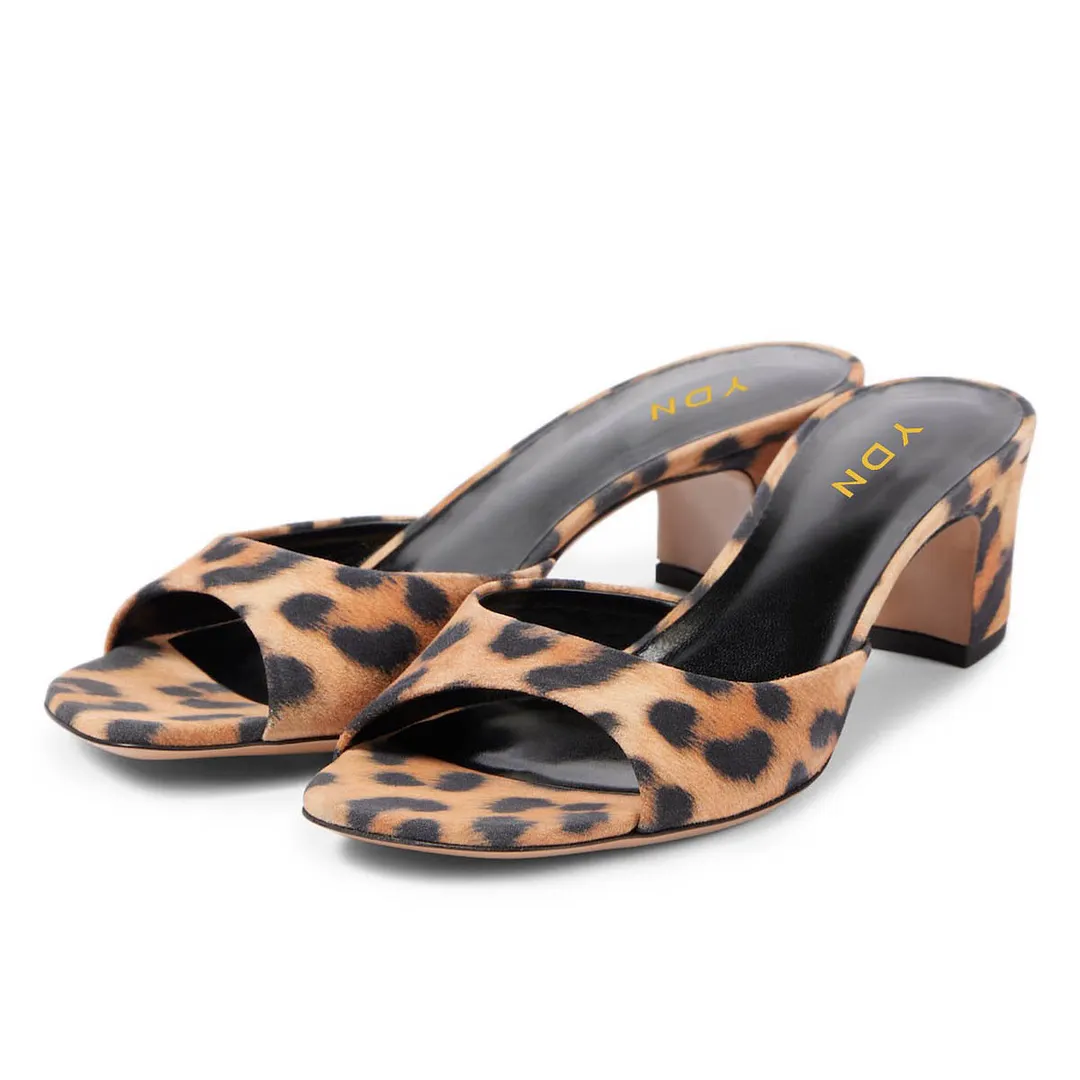 YDN Leopard Print Open Square Toe Slip-On Chunky Heeled Mules
