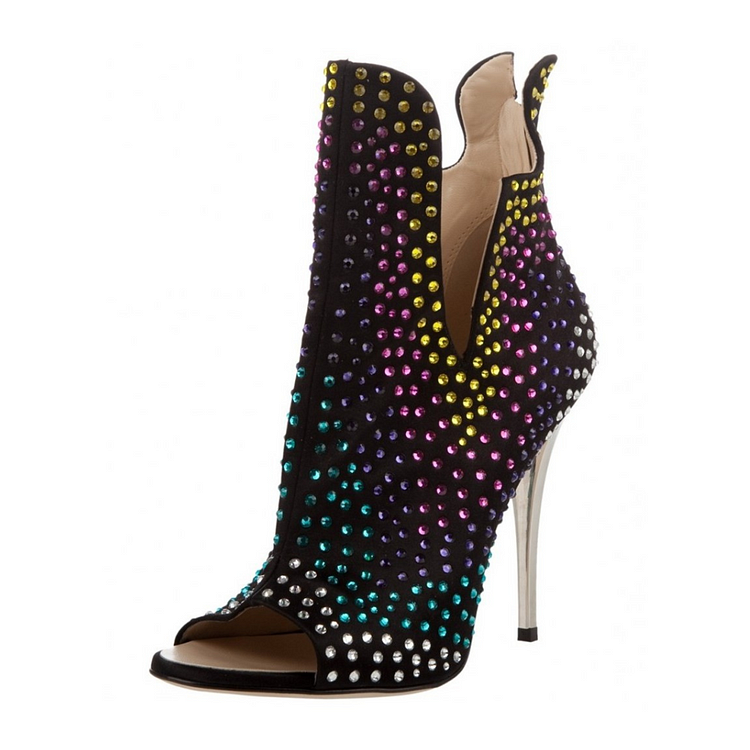Black Fall Boots Peep Toe Cut out Colorful Rhinestone Hotfix Booties |FSJ Shoes