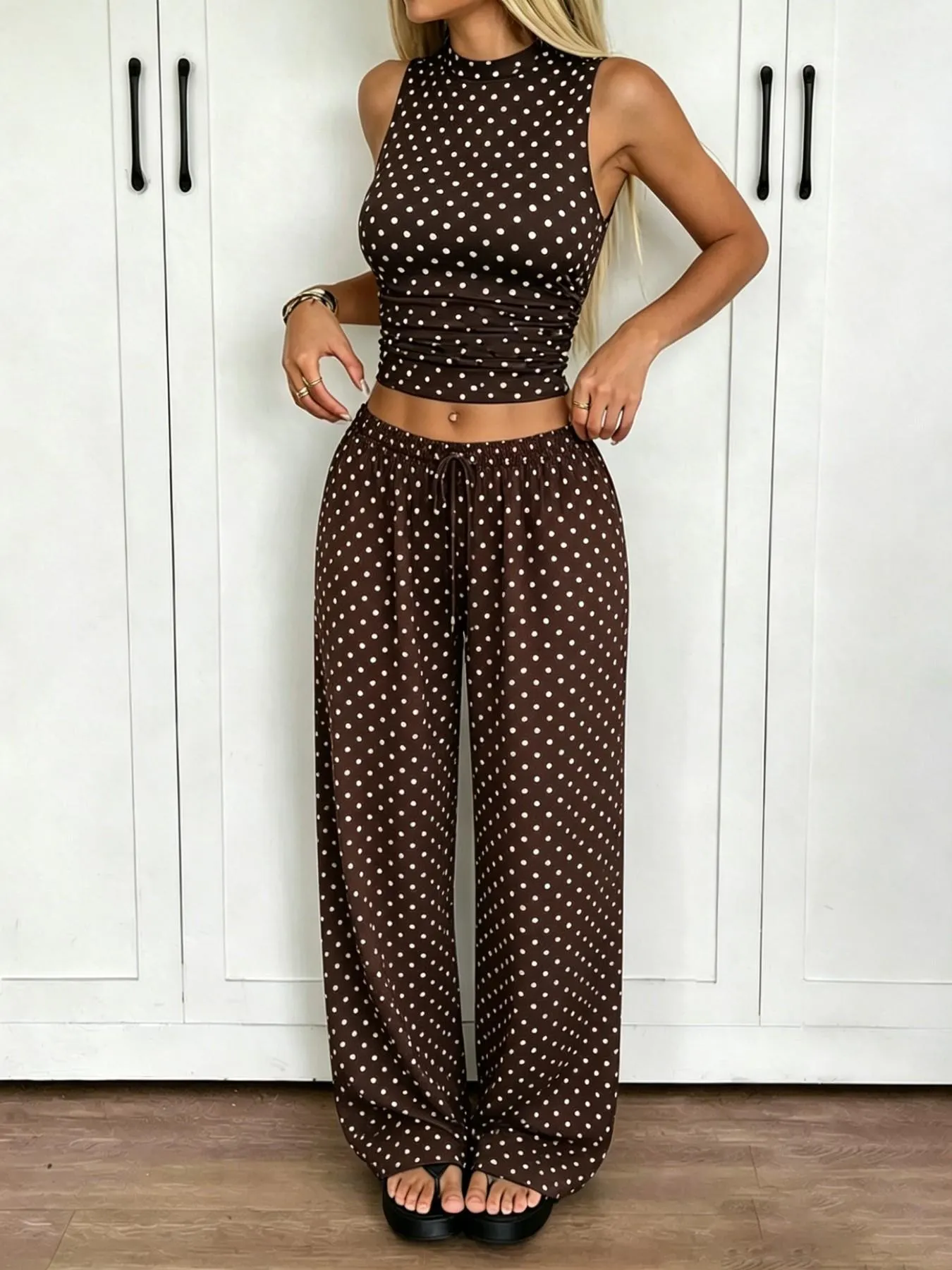 2 Pack Women's Polka Dot Loungewear Set, Sleeveless High Neck Crop Top & Wide Leg Pants, Clean Girl Style Minimalist Summer Outfits with Drop Waist, Slim Fit Lingerie Outfit for Daily Wear & Casual Lounging