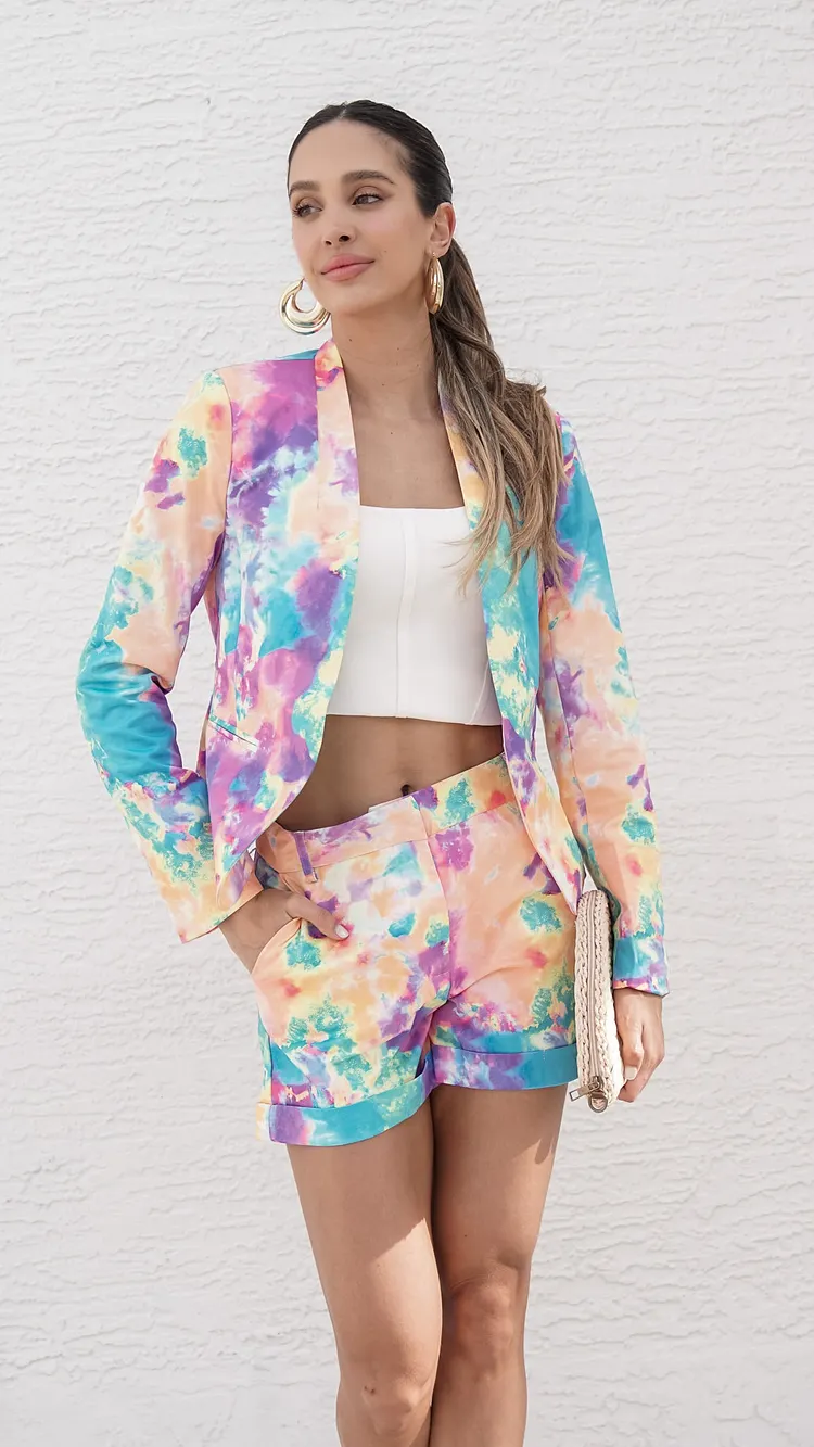 blending shades of blue green pink and yellow Print Blazer