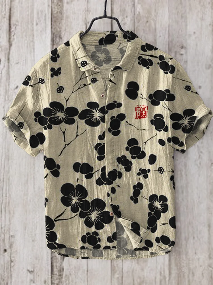 Wearshes Cherry Blossom Japanese Lino Art Linen Blend Shirt