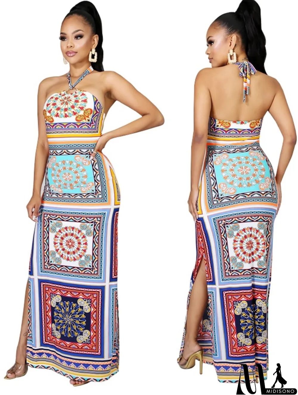 MidiSono - Print Low Back Sexy Slit Halter Long African Dress