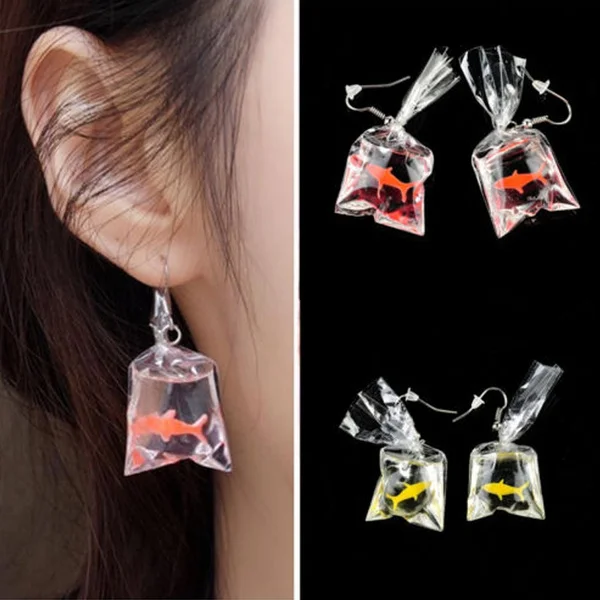Novelty Women Girls Goldfish Water Bag Shape Dangle Hook Earrings Charm 1 Pair
