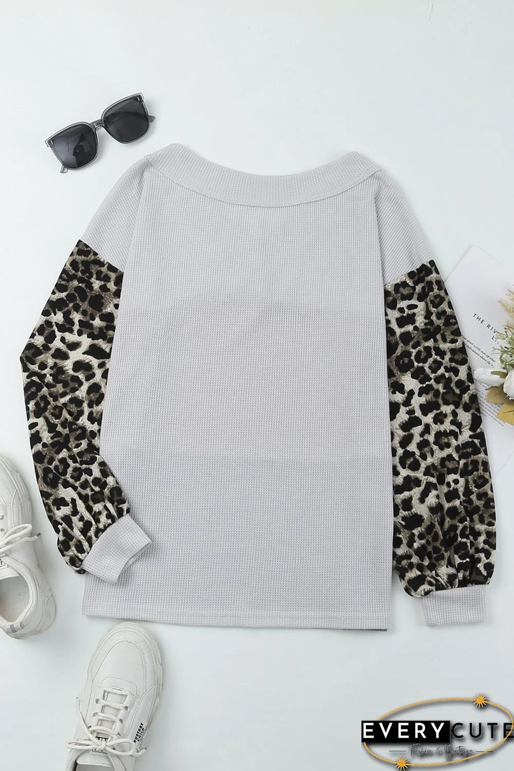 Red Wild Leopard Contrast Sleeve Colorblock Waffle Knit Top