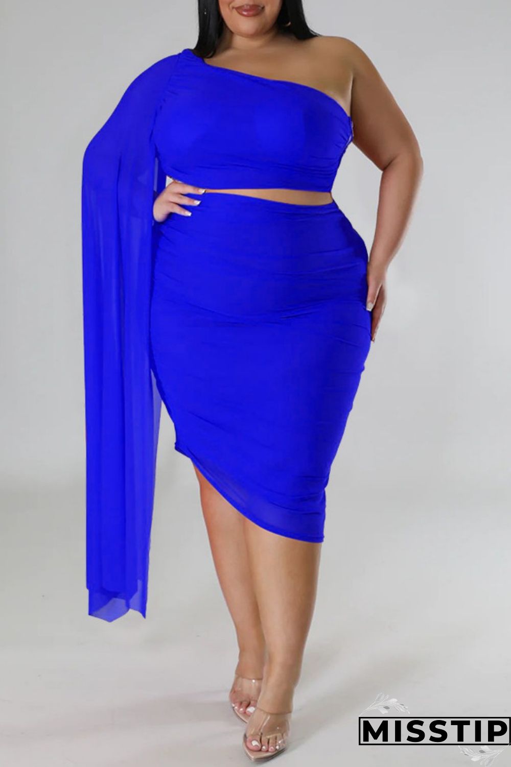 Blue Sexy Solid Patchwork Backless Oblique Collar Plus Size Two Pieces