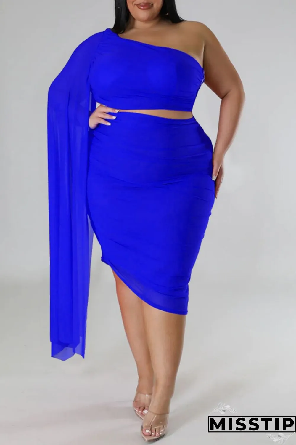 Blue Sexy Solid Patchwork Backless Oblique Collar Plus Size Two Pieces