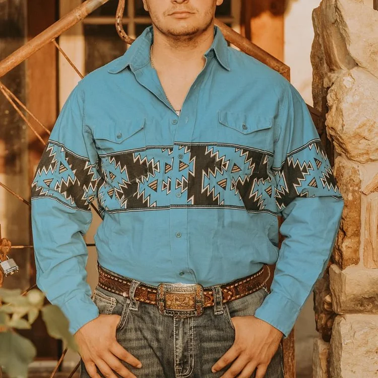 Blue Aztec Print Snap Western Shirt