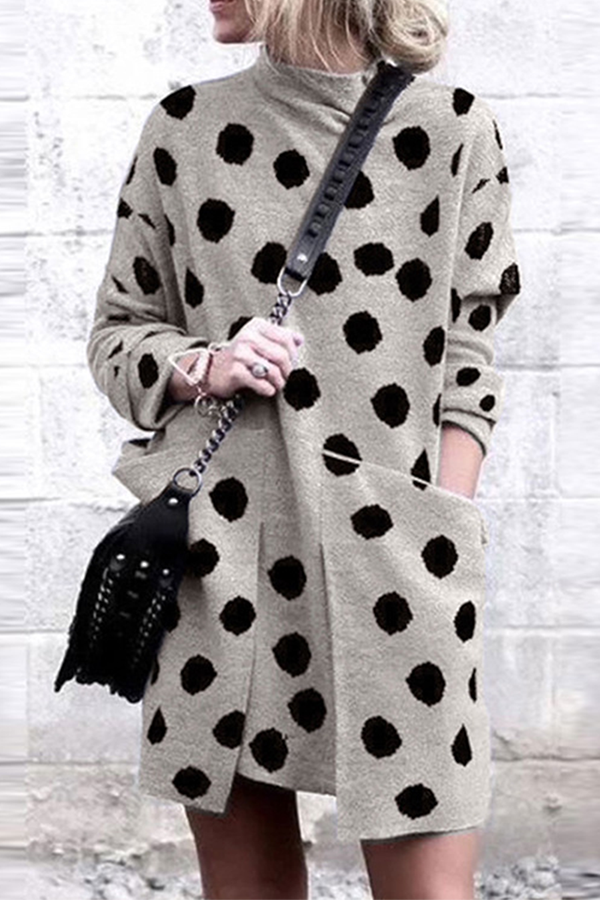Casual Polka Dot Split Joint Pocket O Neck Dresses - Life is Beautiful for You - SheChoic