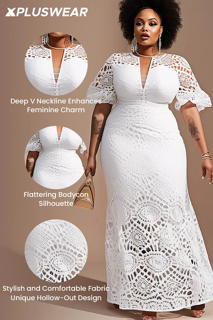 Xpluswear Design Plus Size Mother Of The Bride Elegant White Round Neck Puff Sleeve Short Sleeve Hollow Lace Maxi Dresses Xpluswear